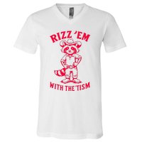 Raccoon Meme Rizz Em With The Tism Vintage Autism Awareness V-Neck T-Shirt