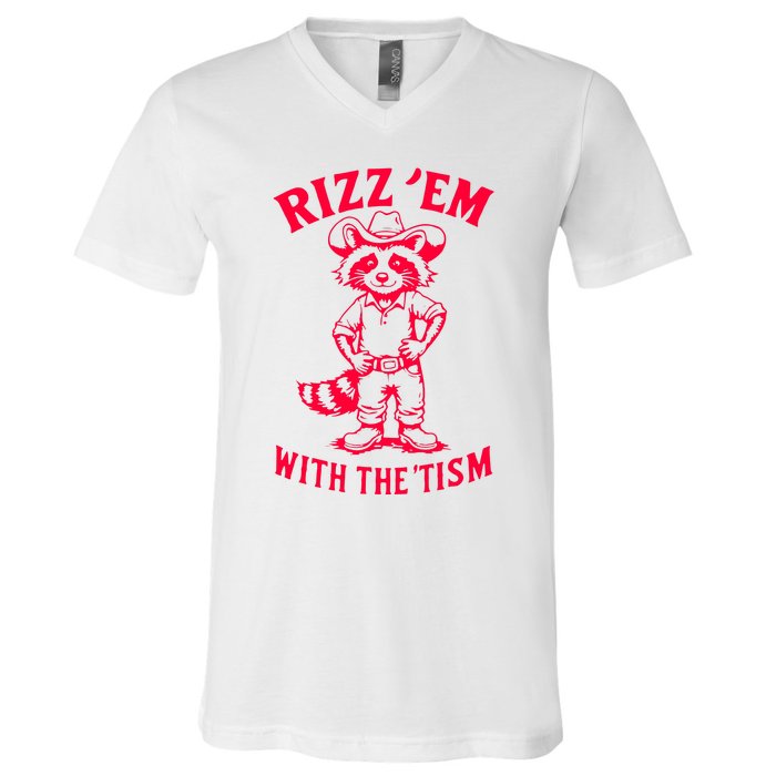 Raccoon Meme Rizz Em With The Tism Vintage Autism Awareness V-Neck T-Shirt