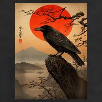 Red Moon Raven Graphic Black Crow Garment-Dyed Fleece Hoodie