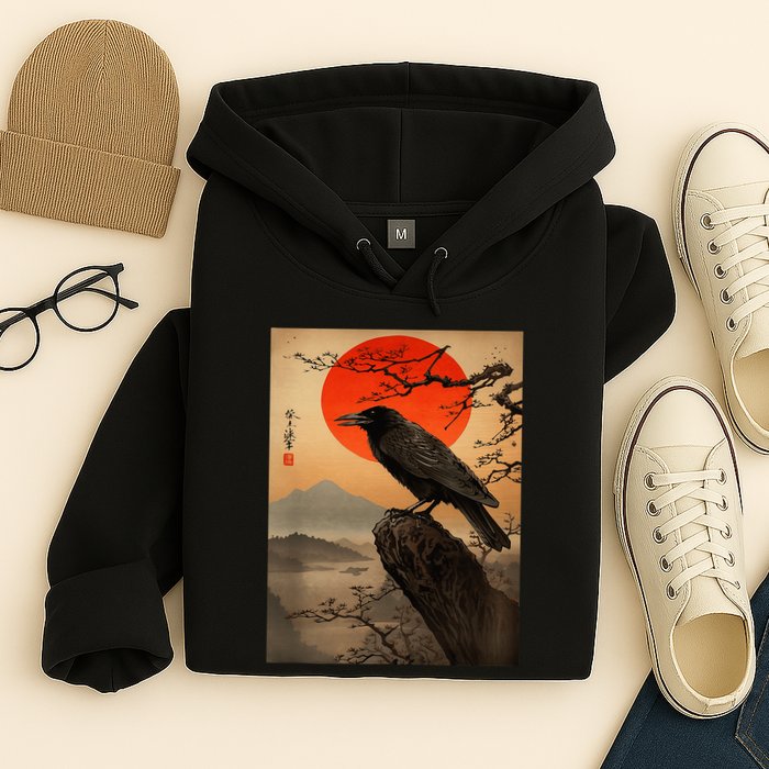 Red Moon Raven Graphic Black Crow Hoodie