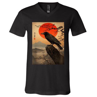 Red Moon Raven Graphic Black Crow V-Neck T-Shirt