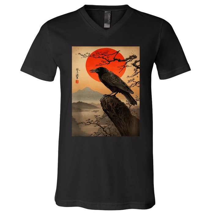 Red Moon Raven Graphic Black Crow V-Neck T-Shirt