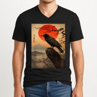 Red Moon Raven Graphic Black Crow V-Neck T-Shirt