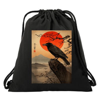 Red Moon Raven Graphic Black Crow Drawstring Bag