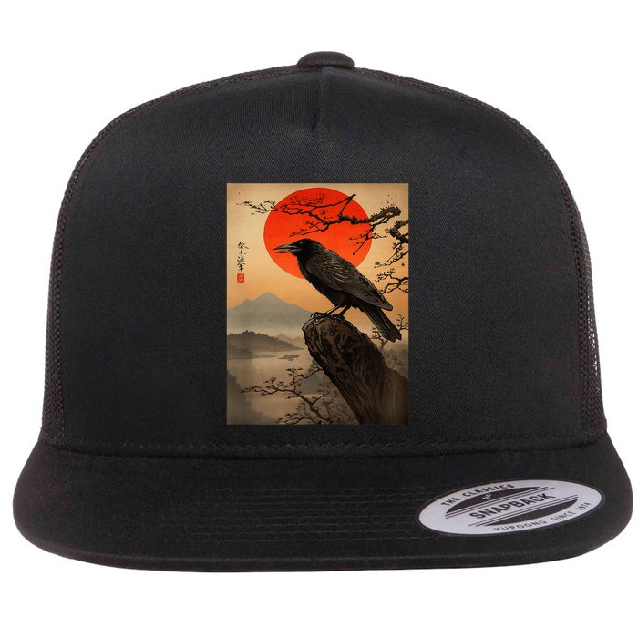 Red Moon Raven Graphic Black Crow Flatbill Hat