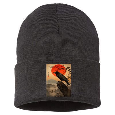 Red Moon Raven Graphic Black Crow Sustainable Knit Beanie