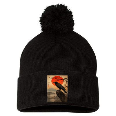Red Moon Raven Graphic Black Crow Pom Pom 12in Knit Beanie