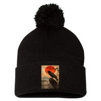 Red Moon Raven Graphic Black Crow Pom Pom 12in Knit Beanie