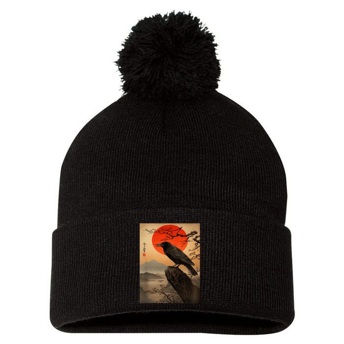 Red Moon Raven Graphic Black Crow Pom Pom 12in Knit Beanie