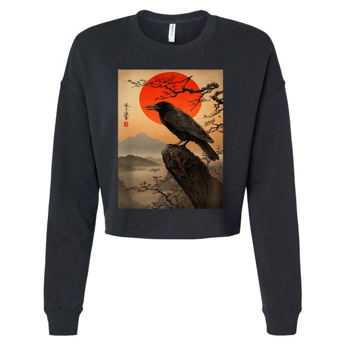 Red Moon Raven Graphic Black Crow Cropped Pullover Crew