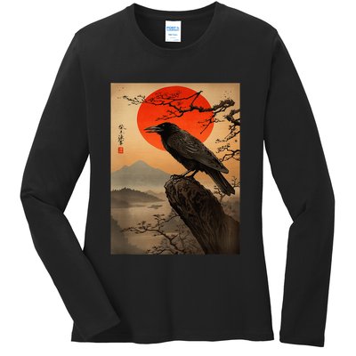 Red Moon Raven Graphic Black Crow Ladies Long Sleeve Shirt