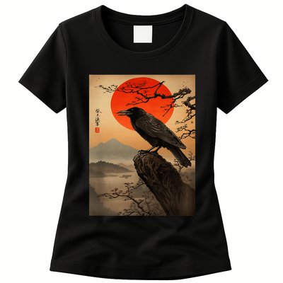 Red Moon Raven Graphic Black Crow Womens T-Shirt