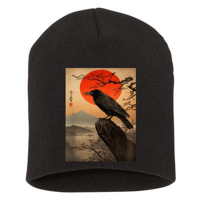 Red Moon Raven Graphic Black Crow Short Acrylic Beanie