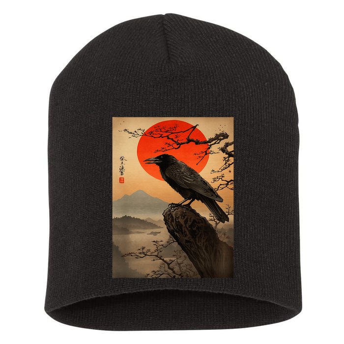 Red Moon Raven Graphic Black Crow Short Acrylic Beanie