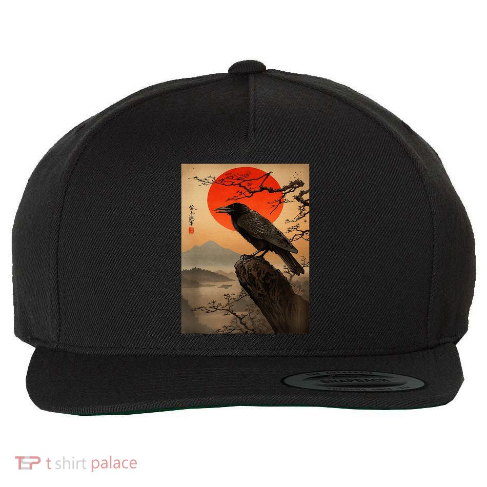 Red Moon Raven Graphic Black Crow Wool Snapback Cap