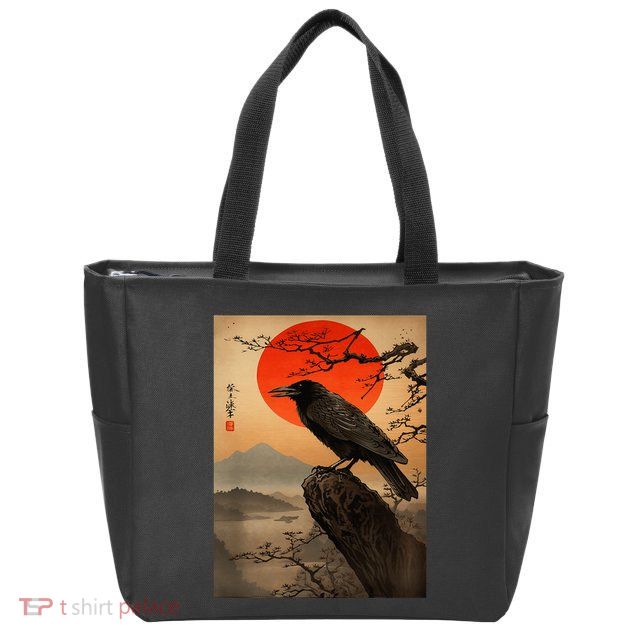 Red Moon Raven Graphic Black Crow Zip Tote Bag