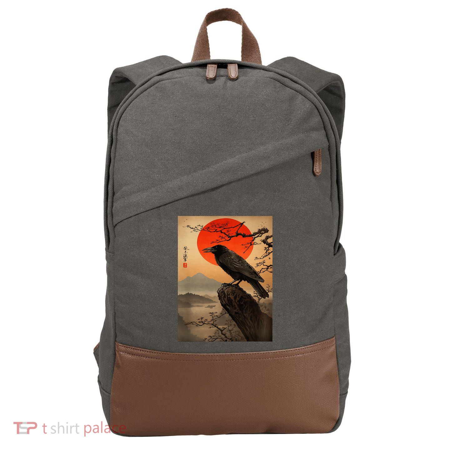 Red Moon Raven Graphic Black Crow Cotton Canvas Backpack