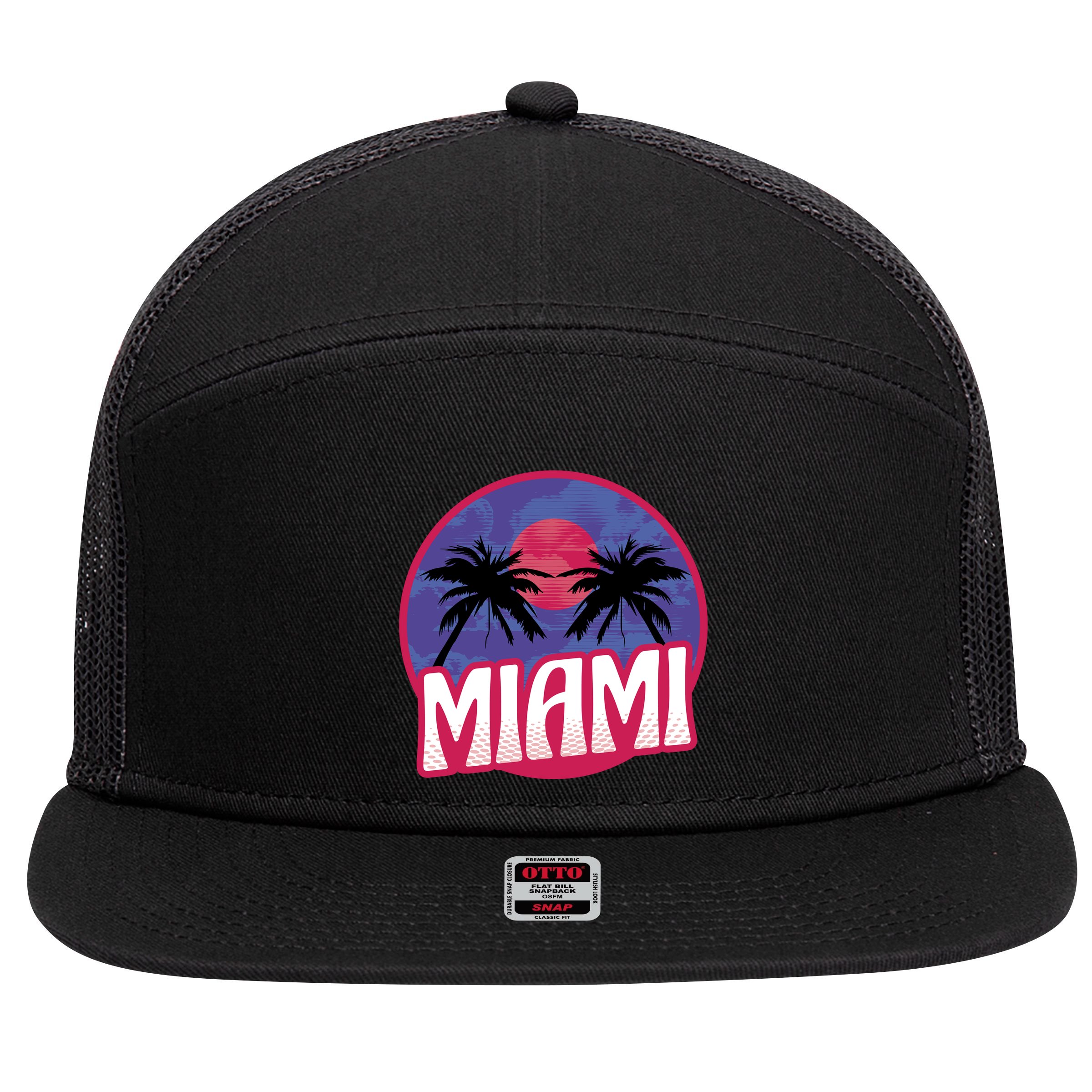 Retro Miami Sunset Palm Tree 7 Panel Mesh Trucker Snapback Hat