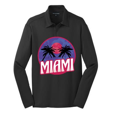 Retro Miami Sunset Palm Tree Silk Touch Performance Long Sleeve Polo