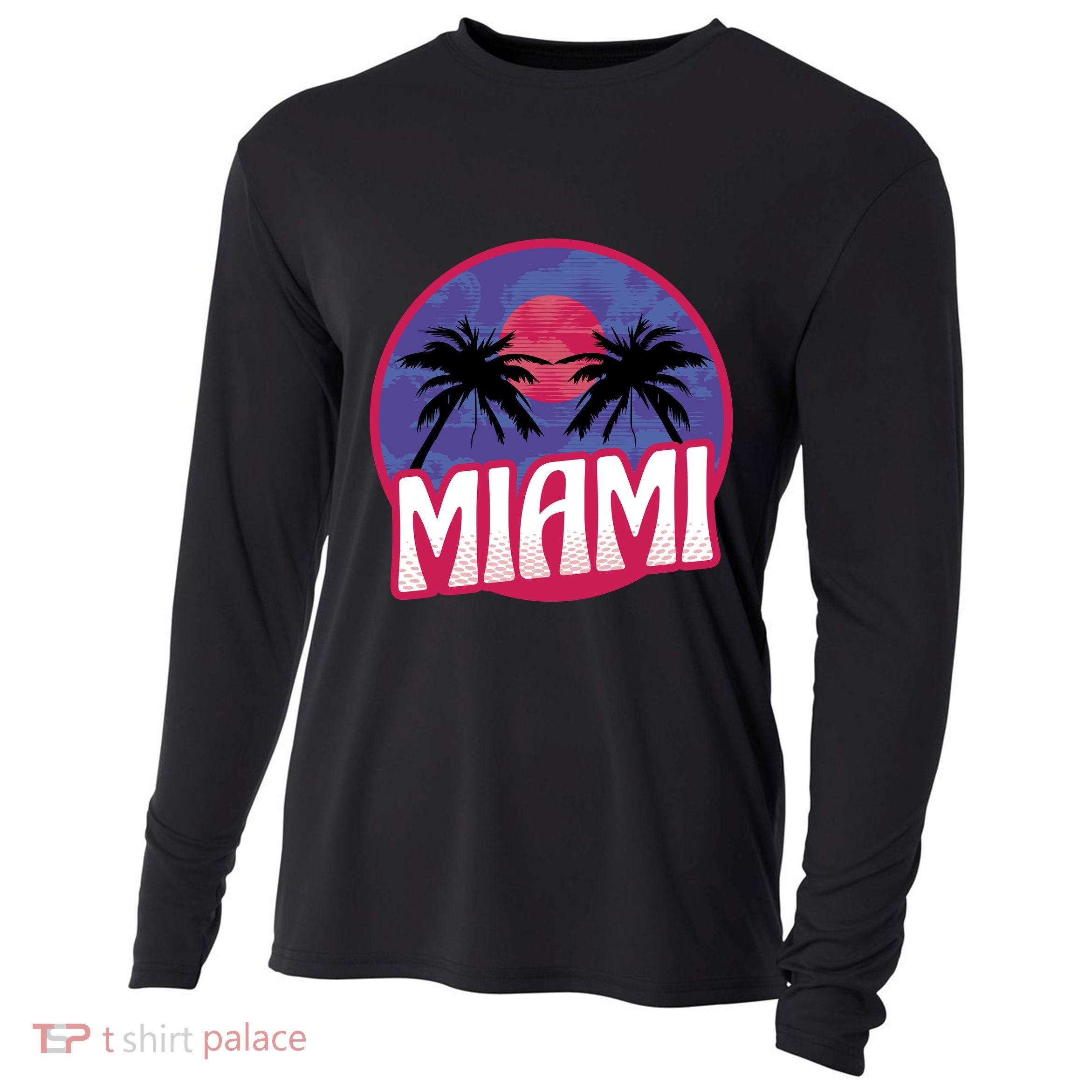 Retro Miami Sunset Palm Tree Cooling Performance Long Sleeve Crew