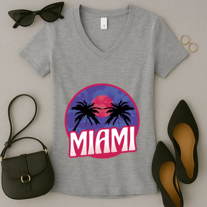 Retro Miami Sunset Palm Tree Women's V-Neck T-Shirt