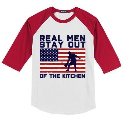 Real Men Stay Out Of The Kitchen Funny Pickleball Paddleball Kids Colorblock Raglan Jersey