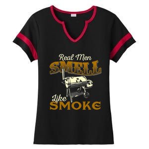 Real Men Smell Like Smoke Pitmaster BBQ Smoker Grilling Ladies Halftime Notch Neck Tee