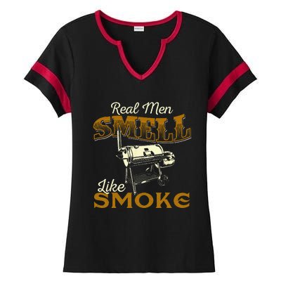 Real Men Smell Like Smoke Pitmaster BBQ Smoker Grilling Ladies Halftime Notch Neck Tee