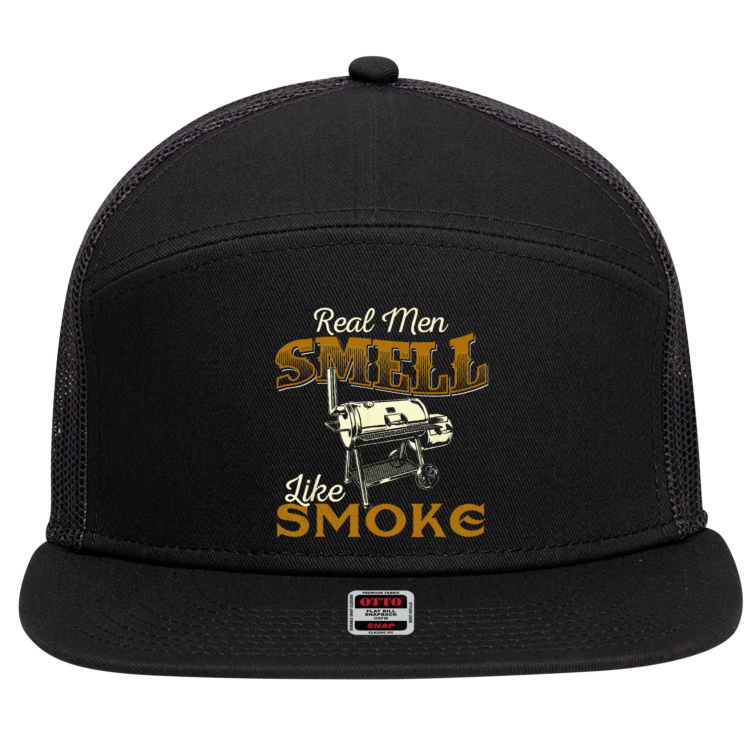 Real Men Smell Like Smoke Pitmaster BBQ Smoker Grilling 7 Panel Mesh Trucker Snapback Hat