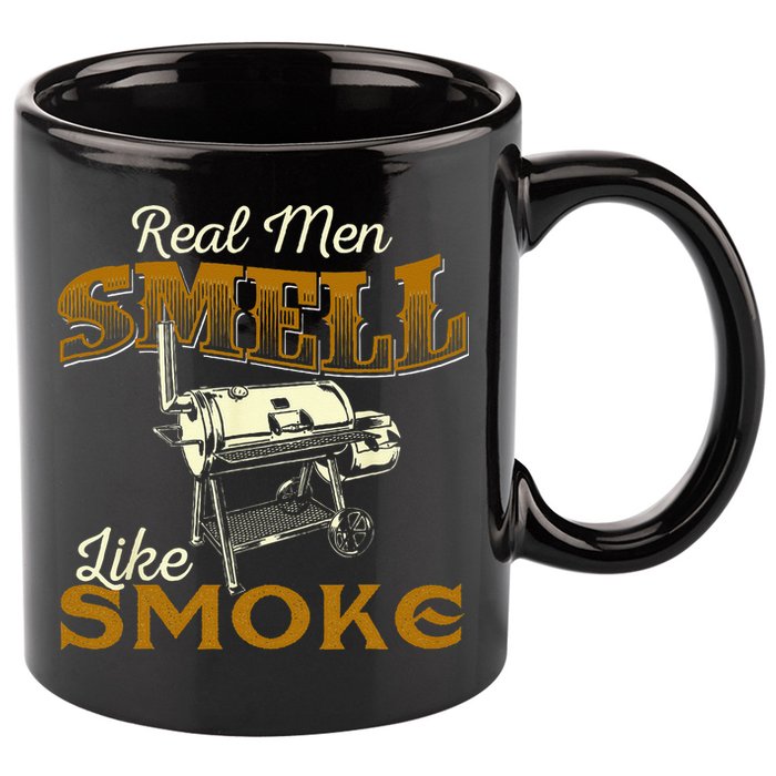 Real Men Smell Like Smoke  Pitmaster BBQ Smoker Grilling 11oz C Handle Ceramic Mug