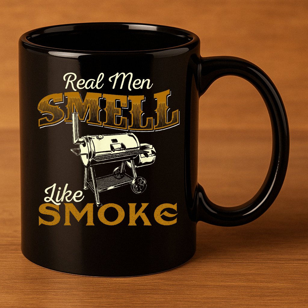 Real Men Smell Like Smoke  Pitmaster BBQ Smoker Grilling 11oz C Handle Ceramic Mug