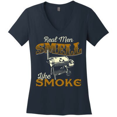 Real Men Smell Like Smoke  Pitmaster BBQ Smoker Grilling Women's V-Neck T-Shirt