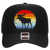 Retro Moose Sunset Vintage Silhouette Distressed Style High Crown Mesh Back Trucker Hat