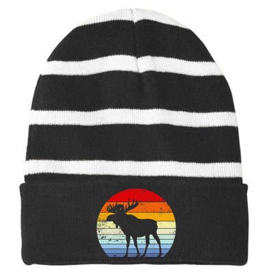 Retro Moose Sunset Vintage Silhouette Distressed Style Striped Beanie with Solid Band