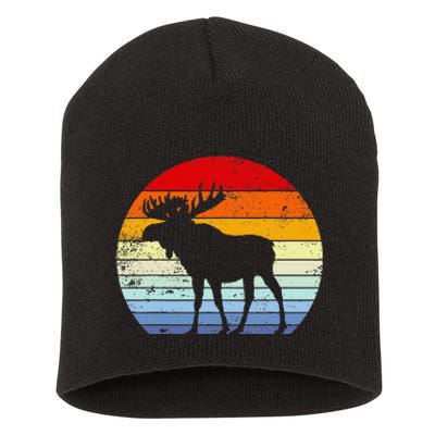 Retro Moose Sunset Vintage Silhouette Distressed Style Short Acrylic Beanie