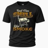 Real Men Smell Like Smoke Pitmaster BBQ Smoker Grilling Cooling Performance Crew T-Shirt