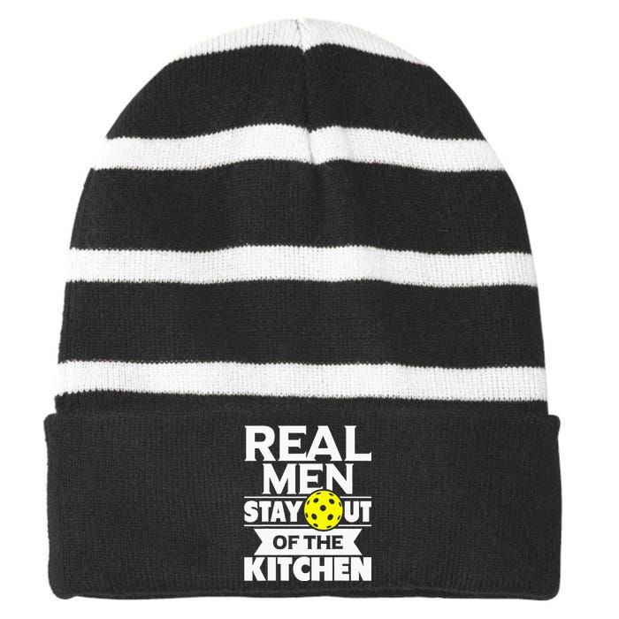 Real Men Stay Out Of The Kitchen Funny Pickleball Paddleball Striped Beanie with Solid Band