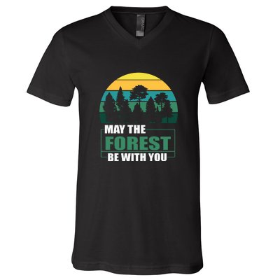 Retro May The Forest Be With You Camping Gift V-Neck T-Shirt