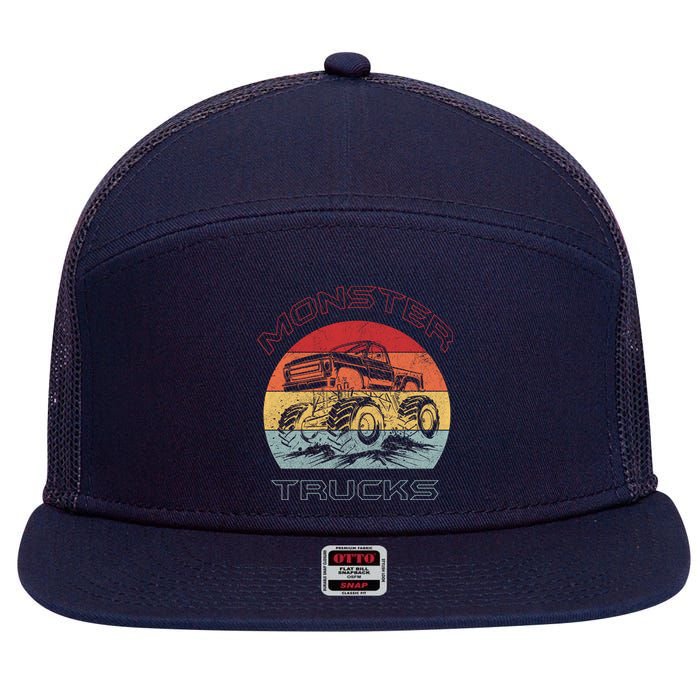 Retro Monster Trucks Gift 7 Panel Mesh Trucker Snapback Hat