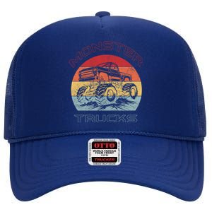 Retro Monster Trucks Gift High Crown Mesh Back Trucker Hat