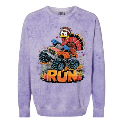 Run Monster Truck Turkey Thanksgiving Funny Turkey Colorblast Crewneck Sweatshirt