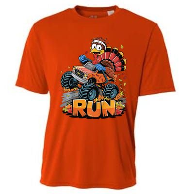 Run Monster Truck Turkey Thanksgiving Funny Turkey Cooling Performance Crew T-Shirt