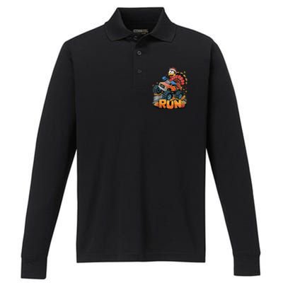 Run Monster Truck Turkey Thanksgiving Funny Turkey Performance Long Sleeve Polo