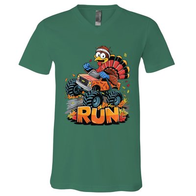 Run Monster Truck Turkey Thanksgiving Funny Turkey V-Neck T-Shirt