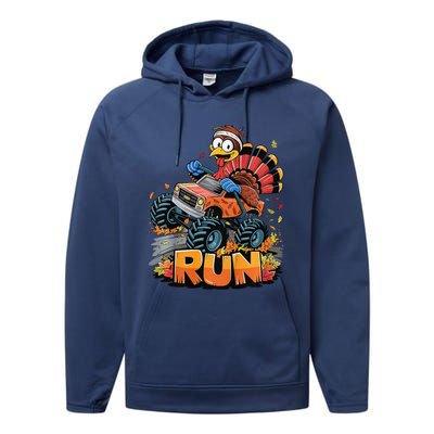 Run Monster Truck Turkey Thanksgiving Funny Turkey Performance Fleece Hoodie