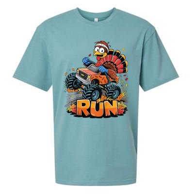 Run Monster Truck Turkey Thanksgiving Funny Turkey Sueded Cloud Jersey T-Shirt