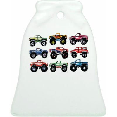 Retro Monster Trucks In A Row Big Trucks Ceramic Bell Ornament