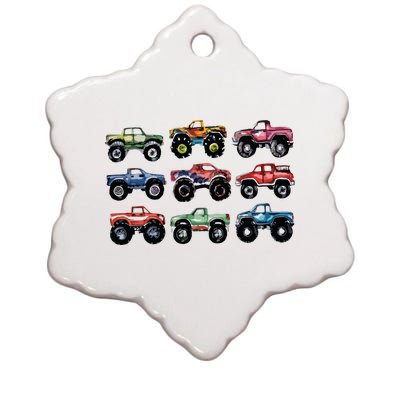 Retro Monster Trucks In A Row Big Trucks Ceramic Star Ornament