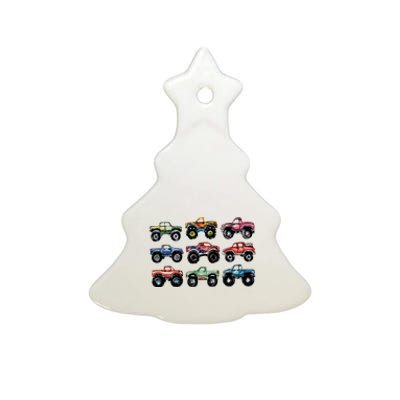 Retro Monster Trucks In A Row Big Trucks Ceramic Tree Ornament