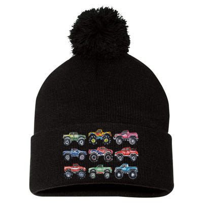 Retro Monster Trucks In A Row Pom Pom 12in Knit Beanie